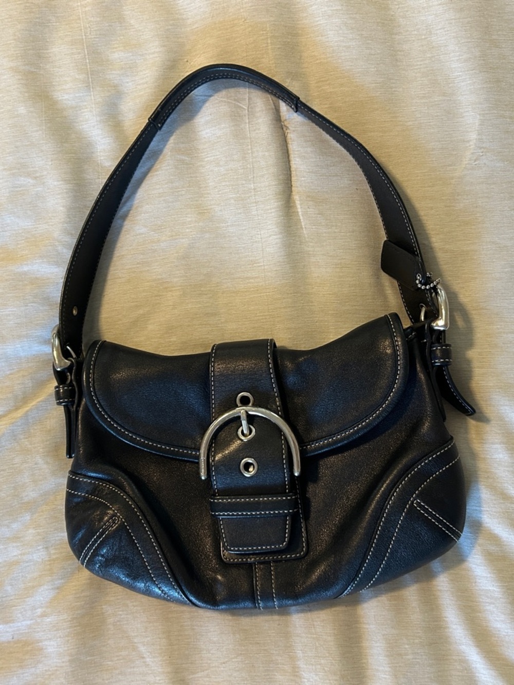 Coach Black Leather Shoulder Bag with Silver Buckle